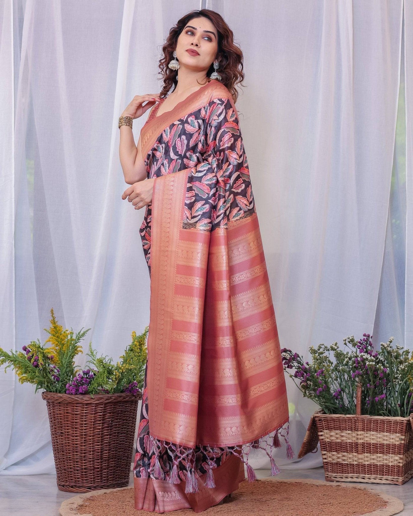 Pure Banarasi Digitally Printed Silk Saree Weaved With Zari Comes With Tassels.