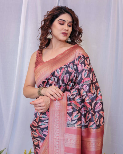 Pure Banarasi Digitally Printed Silk Saree Weaved With Zari Comes With Tassels.