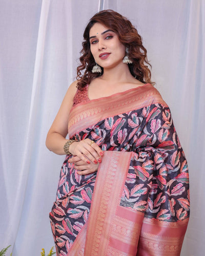 Pure Banarasi Digitally Printed Silk Saree Weaved With Zari Comes With Tassels.