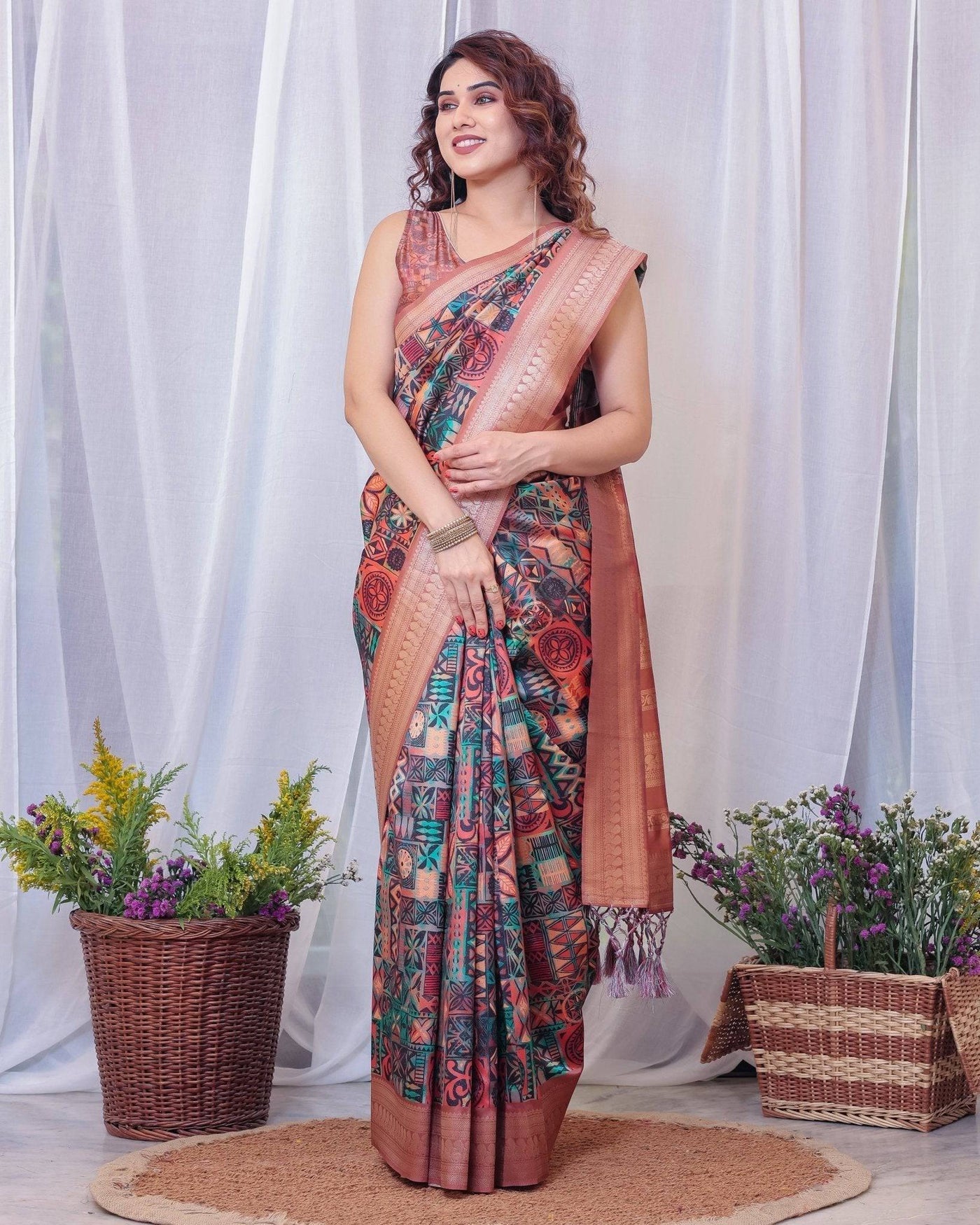 Pure Banarasi Digitally Printed Silk Saree Weaved With Zari Comes With Tassels.