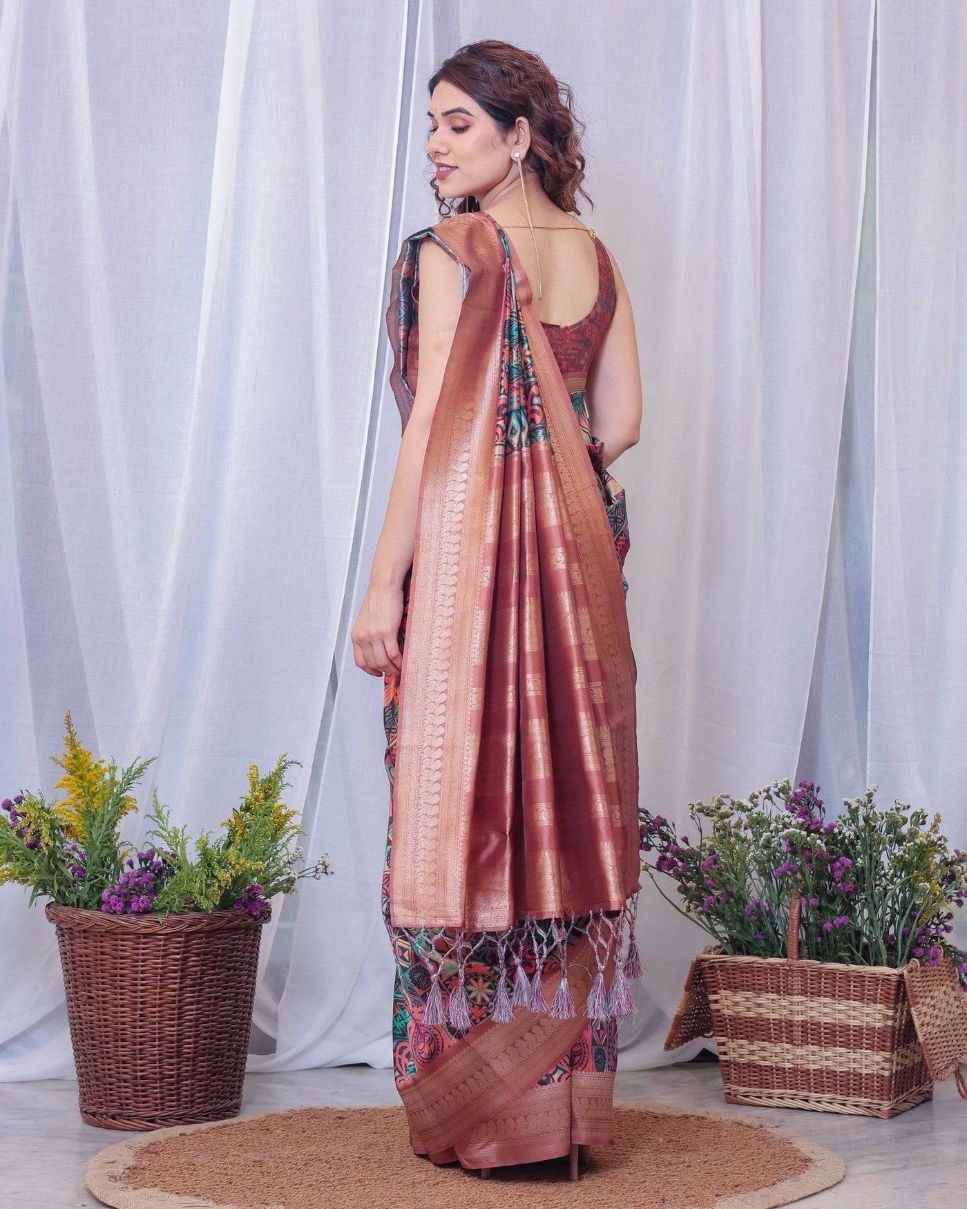 Pure Banarasi Digitally Printed Silk Saree Weaved With Zari Comes With Tassels.