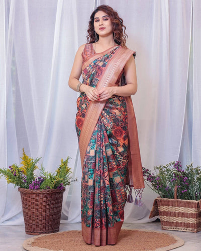 Pure Banarasi Digitally Printed Silk Saree Weaved With Zari Comes With Tassels.