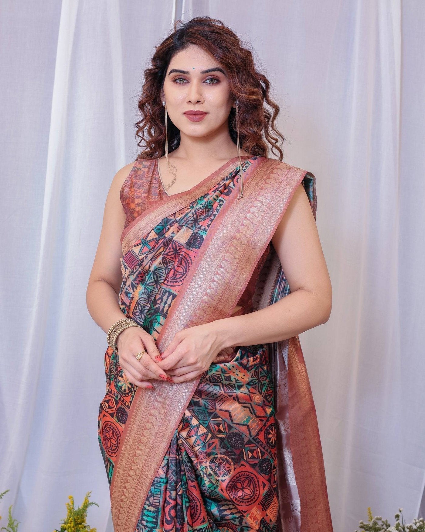 Pure Banarasi Digitally Printed Silk Saree Weaved With Zari Comes With Tassels.