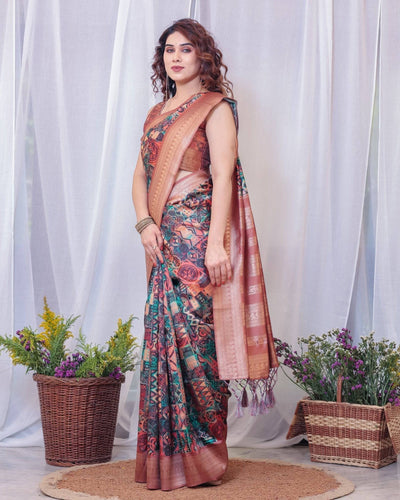 Geometric Elegance: Multicolored Digital Print Pure Silk Saree with Gold Borders