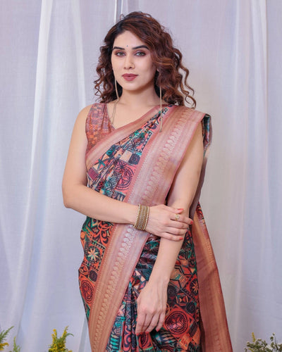 Pure Banarasi Digitally Printed Silk Saree Weaved With Zari Comes With Tassels.