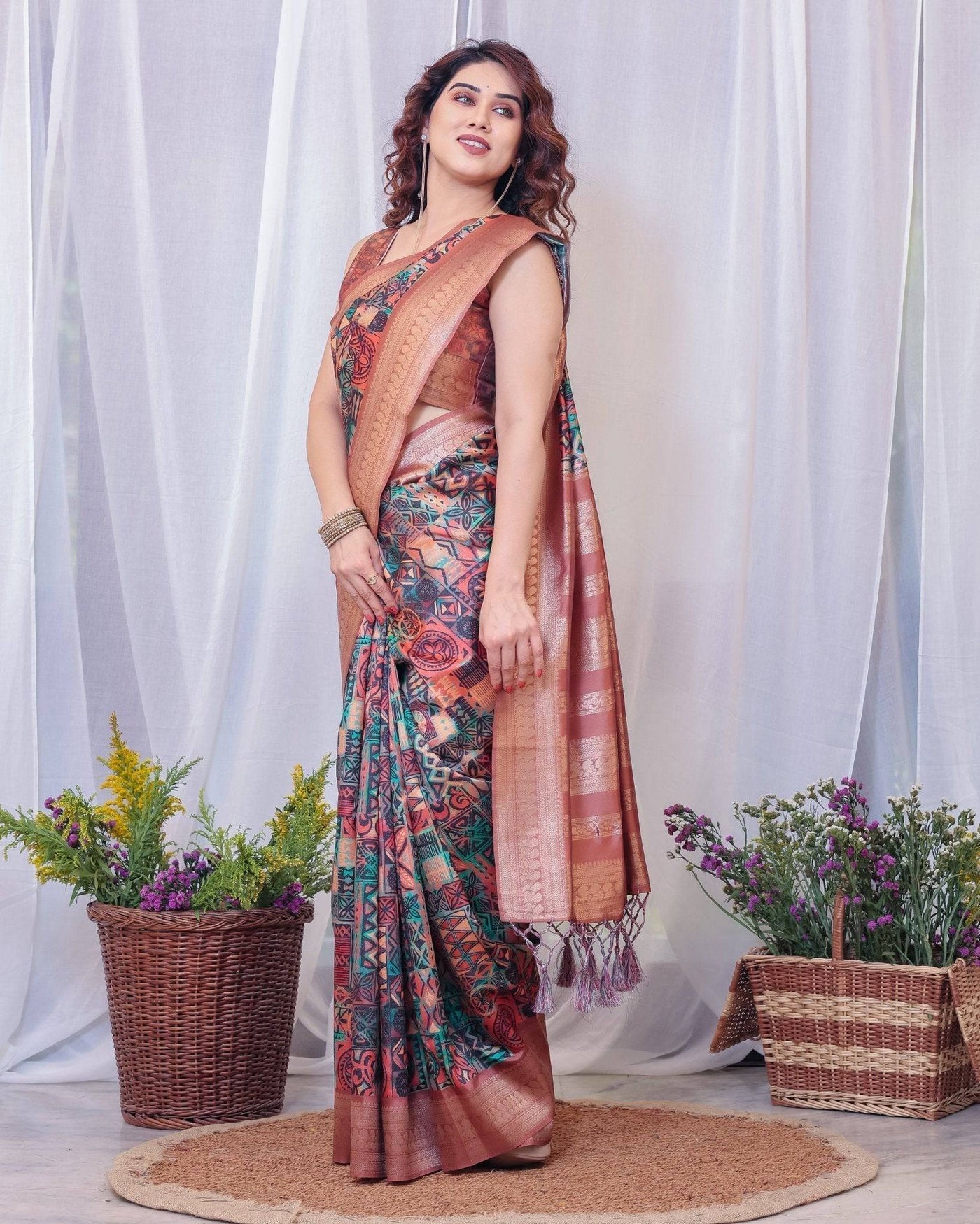 Pure Banarasi Digitally Printed Silk Saree Weaved With Zari Comes With Tassels.