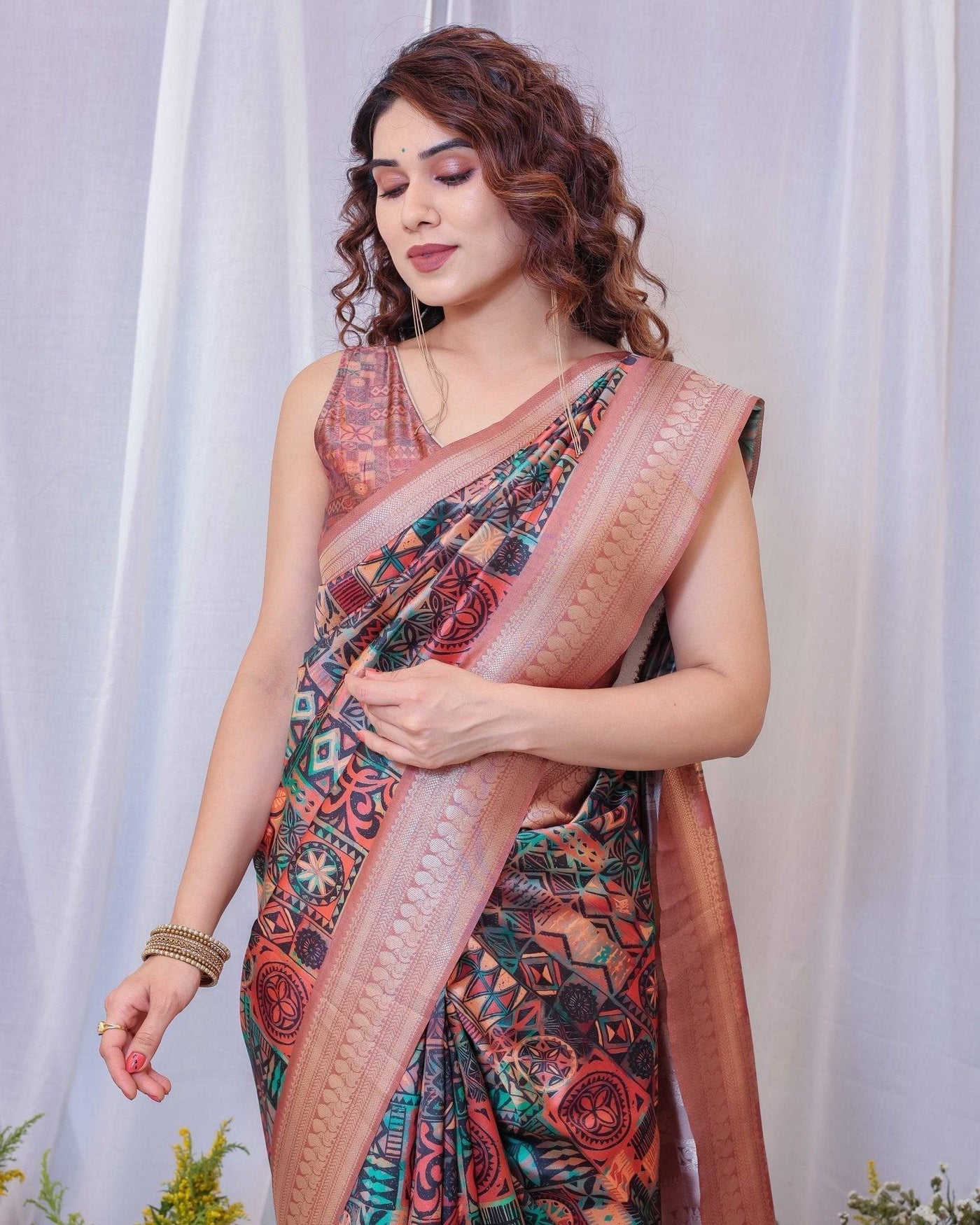 Pure Banarasi Digitally Printed Silk Saree Weaved With Zari Comes With Tassels.