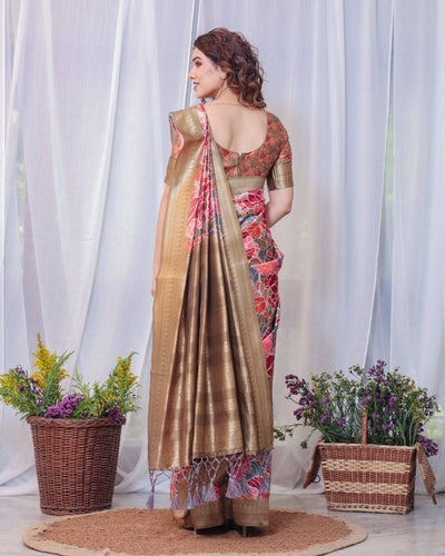 Pure Banarasi Digitally Printed Silk Saree Weaved With Zari Comes With Tassels.