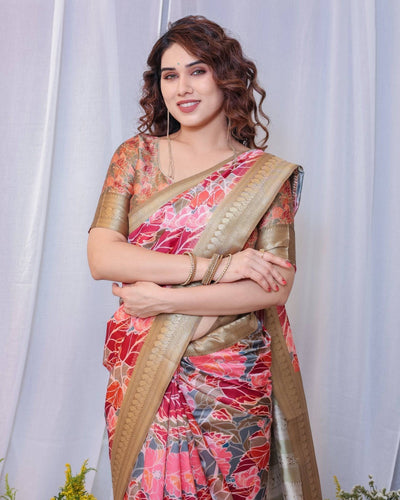 Pure Banarasi Digitally Printed Silk Saree Weaved With Zari Comes With Tassels.