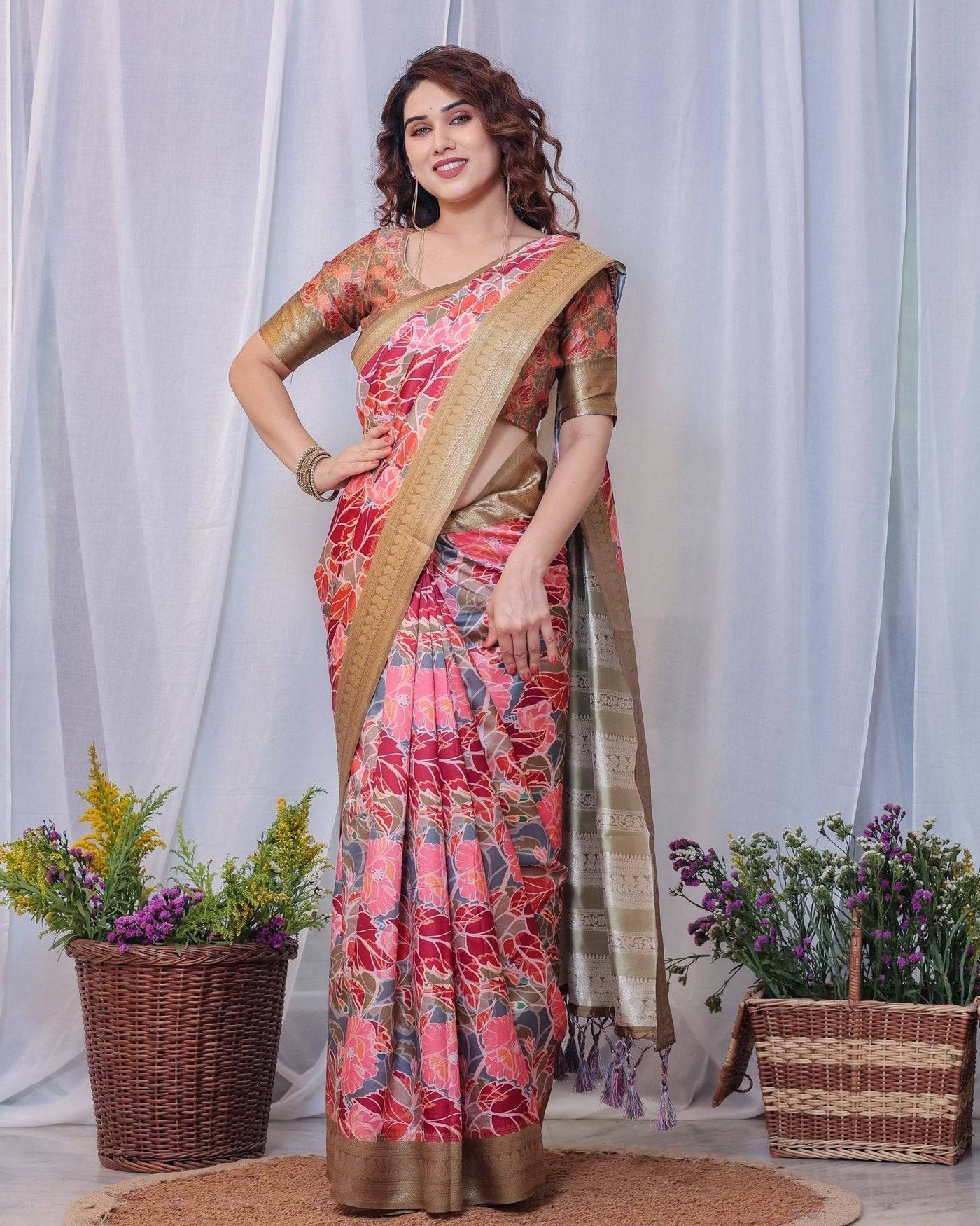 Pure Banarasi Digitally Printed Silk Saree Weaved With Zari Comes With Tassels.