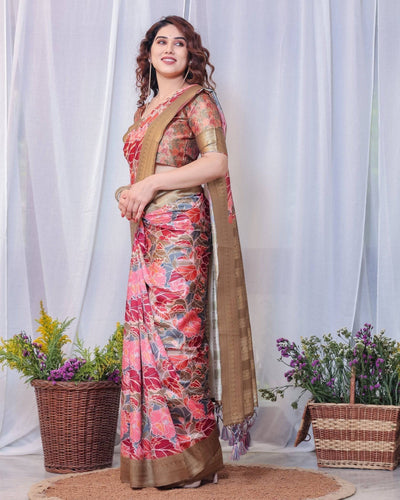 Pure Banarasi Digitally Printed Silk Saree Weaved With Zari Comes With Tassels.