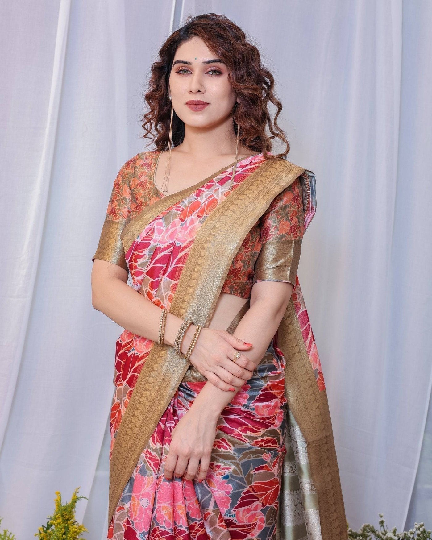 Pure Banarasi Digitally Printed Silk Saree Weaved With Zari Comes With Tassels.