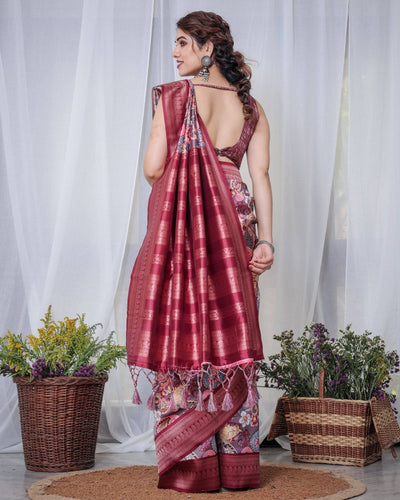 Pure Banarasi Digitally Printed Silk Saree Weaved With Zari Comes With Tassels.