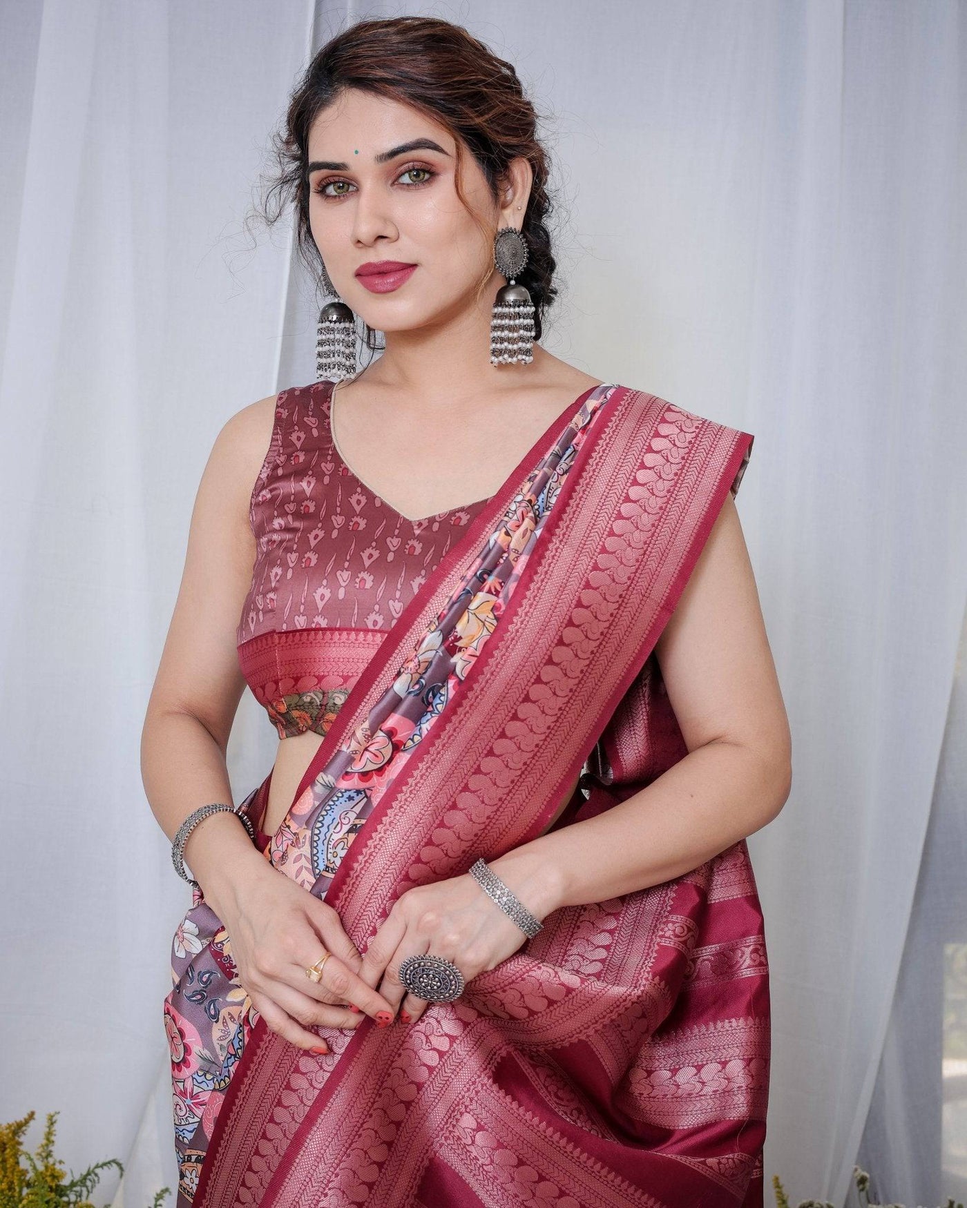 Pure Banarasi Digitally Printed Silk Saree Weaved With Zari Comes With Tassels.