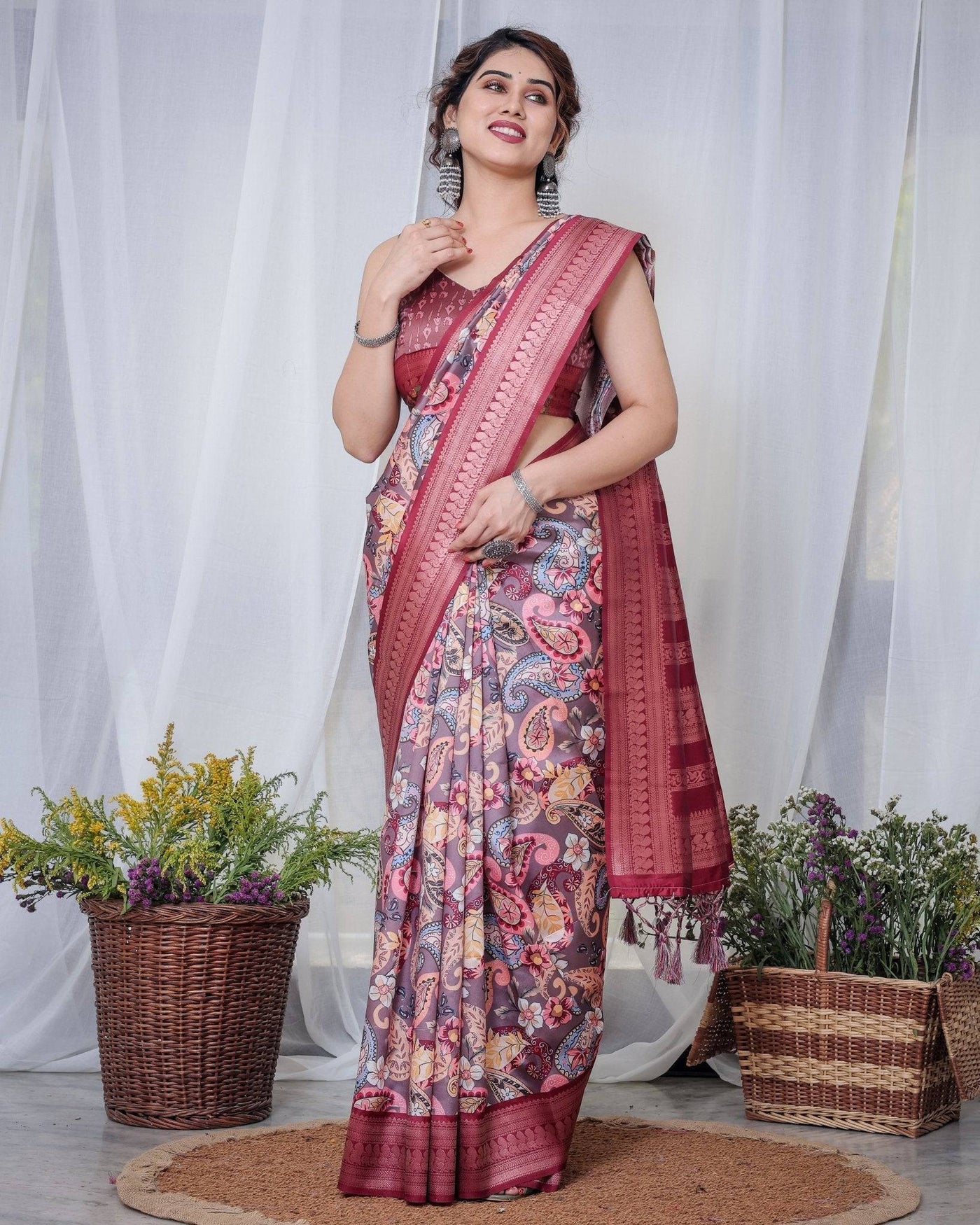 Pure Banarasi Digitally Printed Silk Saree Weaved With Zari Comes With Tassels.