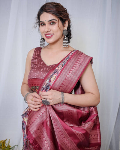 Luxurious Maroon Banarasi Silk Saree with Paisley Print and Tassels