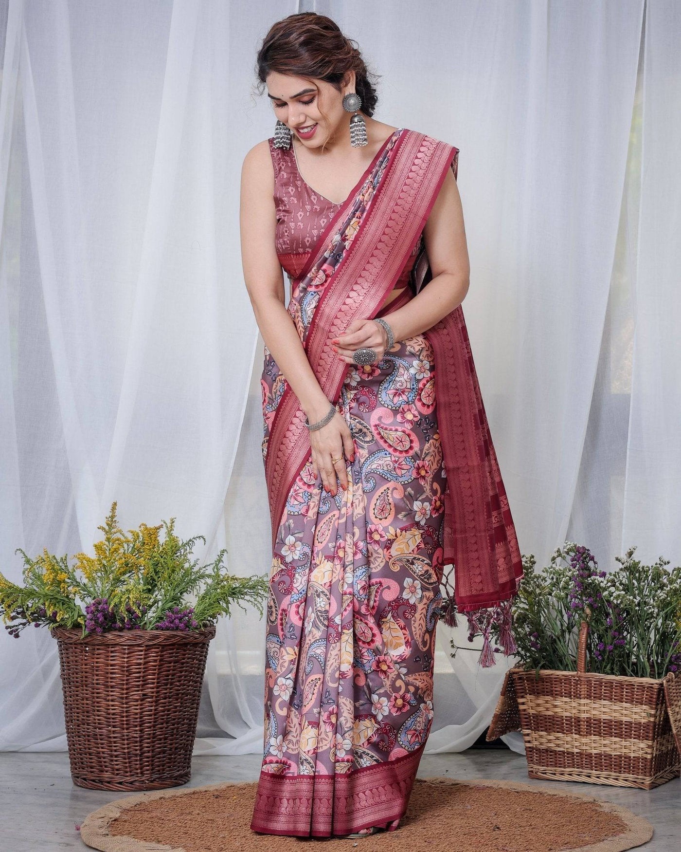 Pure Banarasi Digitally Printed Silk Saree Weaved With Zari Comes With Tassels.