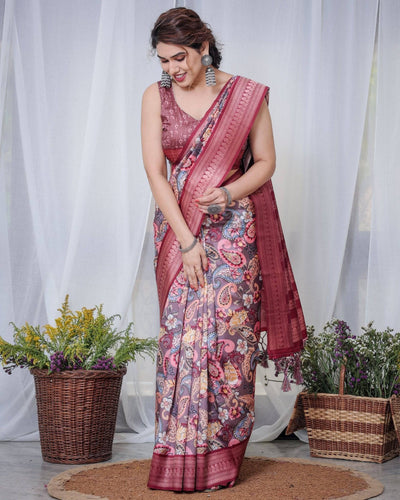 Luxurious Maroon Banarasi Silk Saree with Paisley Print and Tassels