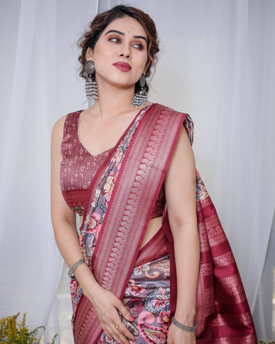 Pure Banarasi Digitally Printed Silk Saree Weaved With Zari Comes With Tassels.