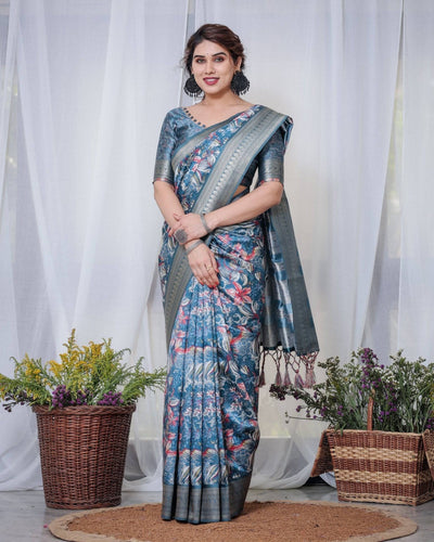 Pure Banarasi Digitally Printed Silk Saree Weaved With Zari Comes With Tassels.