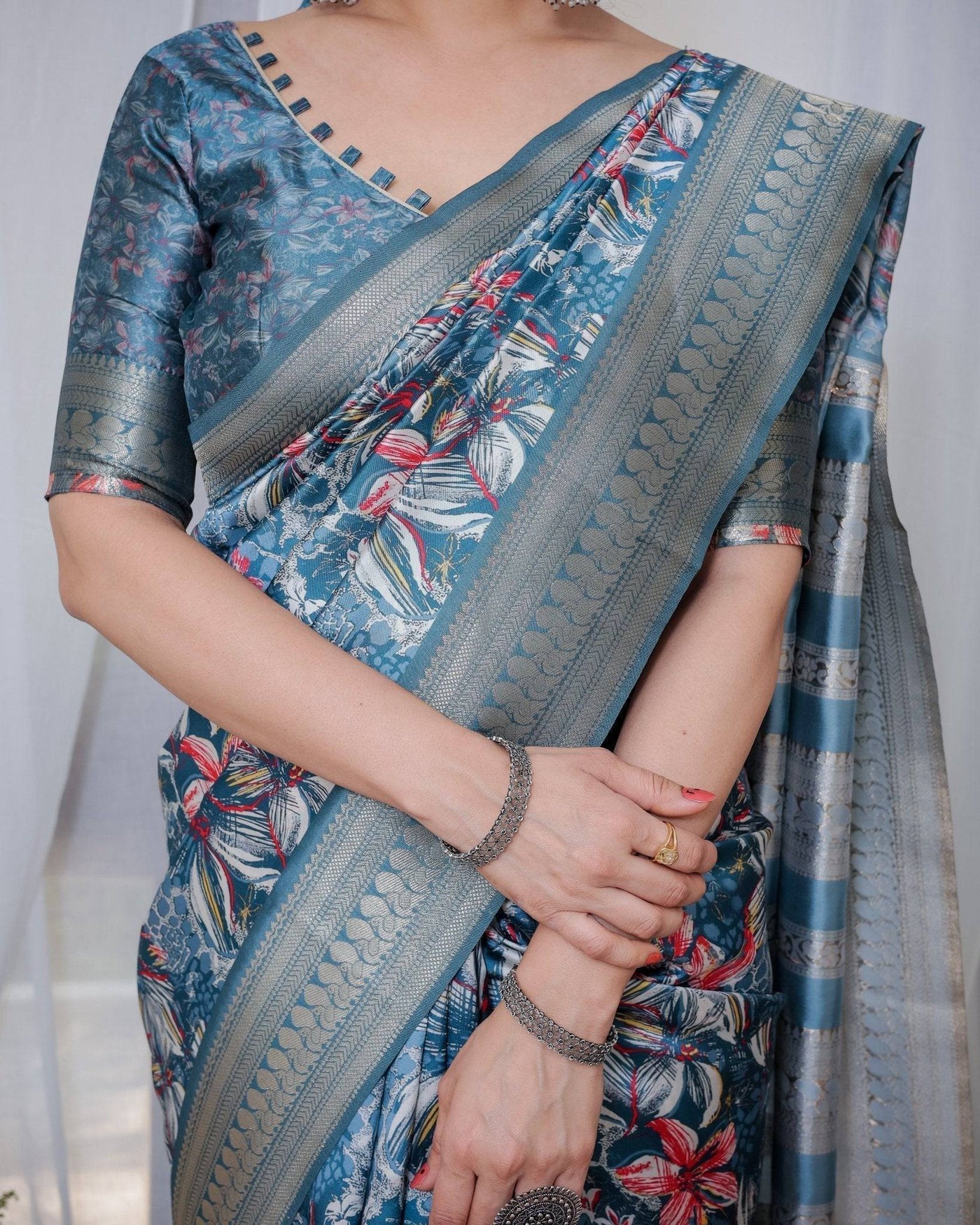 Pure Banarasi Digitally Printed Silk Saree Weaved With Zari Comes With Tassels.