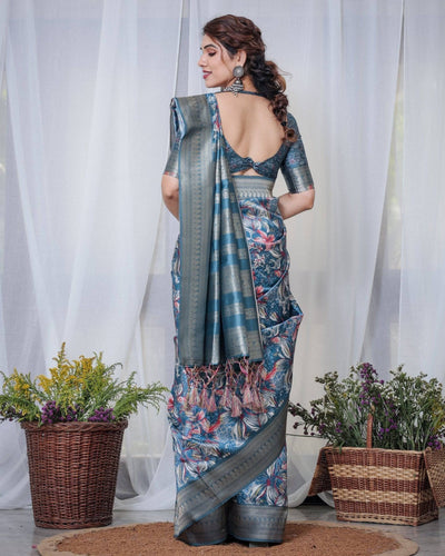 Pure Banarasi Digitally Printed Silk Saree Weaved With Zari Comes With Tassels.