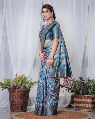 Pure Banarasi Digitally Printed Silk Saree Weaved With Zari Comes With Tassels.