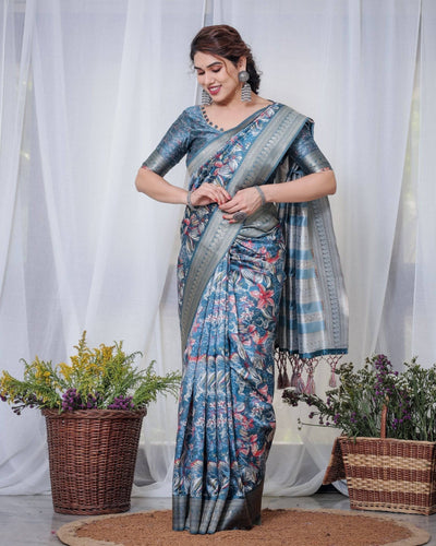 Pure Banarasi Digitally Printed Silk Saree Weaved With Zari Comes With Tassels.