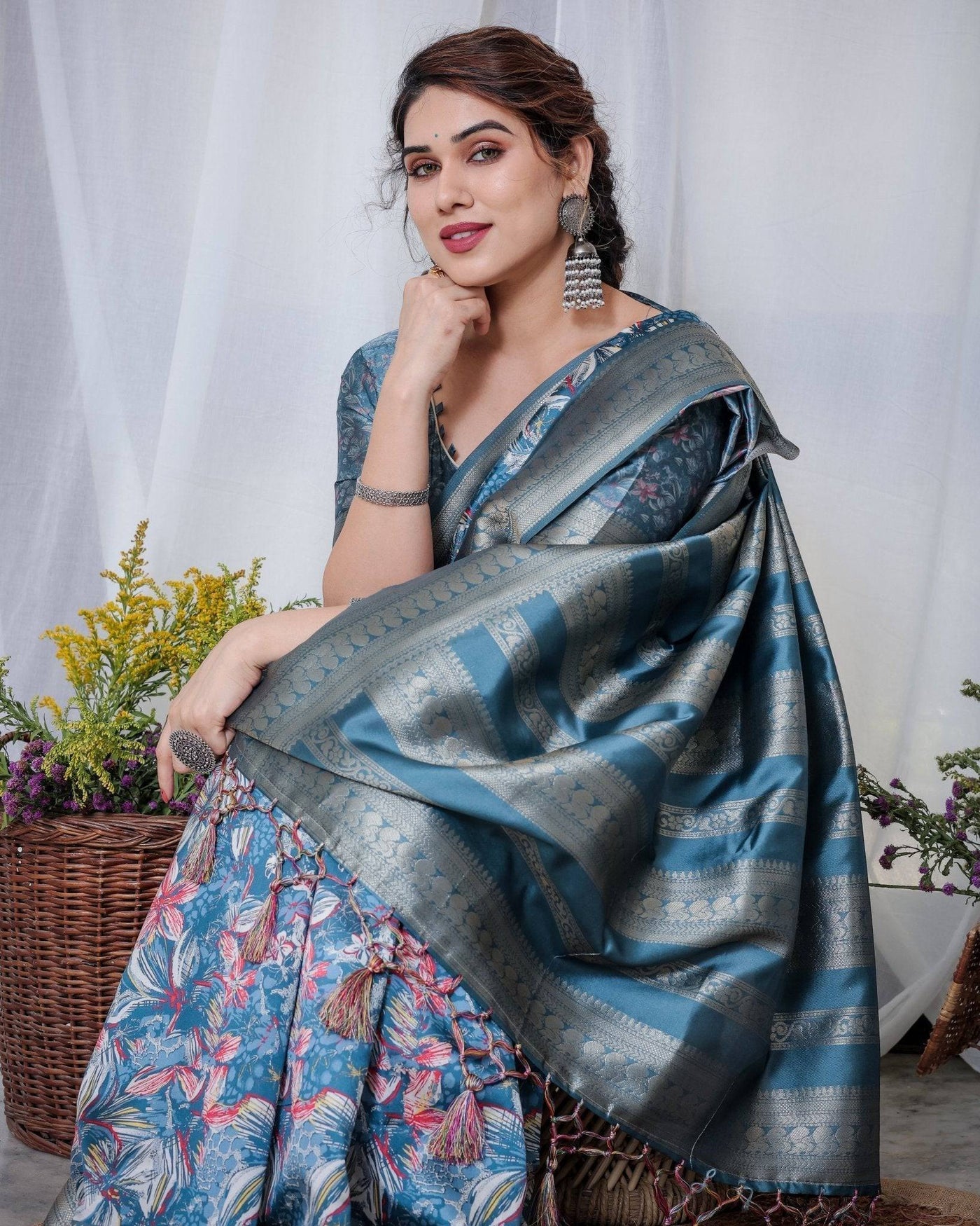 Pure Banarasi Digitally Printed Silk Saree Weaved With Zari Comes With Tassels.