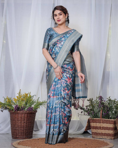 Pure Banarasi Digitally Printed Silk Saree Weaved With Zari Comes With Tassels.