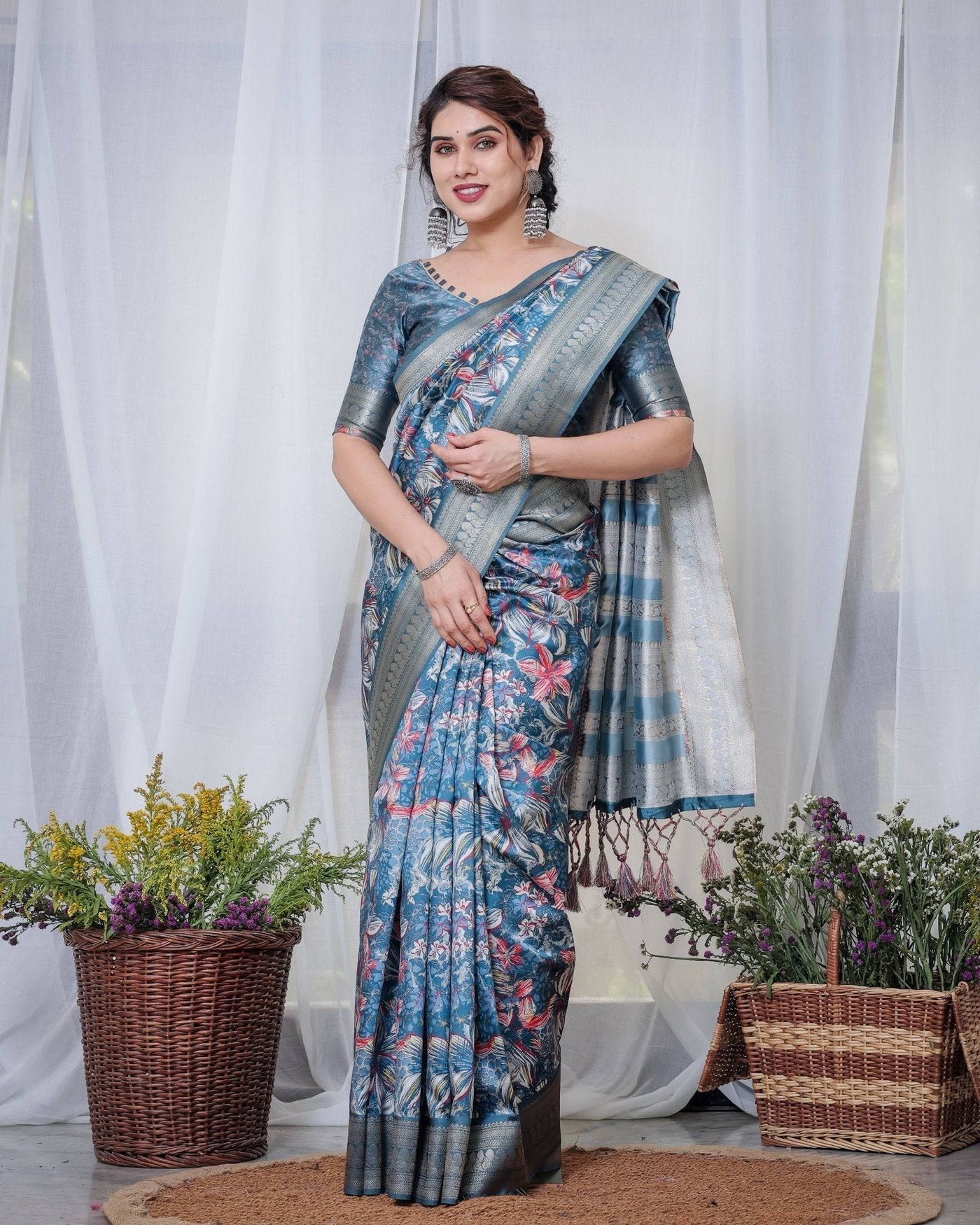 Pure Banarasi Digitally Printed Silk Saree Weaved With Zari Comes With Tassels.