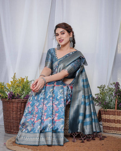 Pure Banarasi Digitally Printed Silk Saree Weaved With Zari Comes With Tassels.