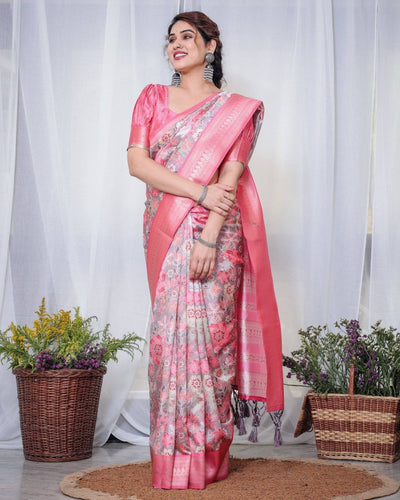 Pure Banarasi Digitally Printed Silk Saree Weaved With Zari Comes With Tassels.