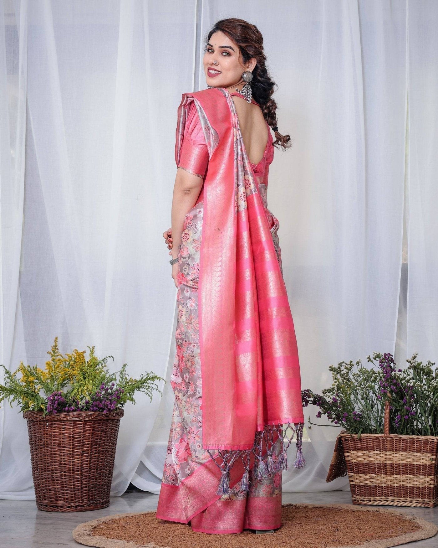 Pure Banarasi Digitally Printed Silk Saree Weaved With Zari Comes With Tassels.