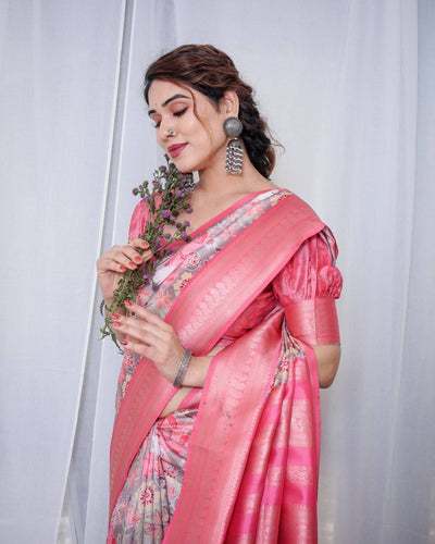 Graceful Pink and Silver Banarasi Silk Saree with Vibrant Floral Design, Zari Weaved Border, and Elegant Pallu