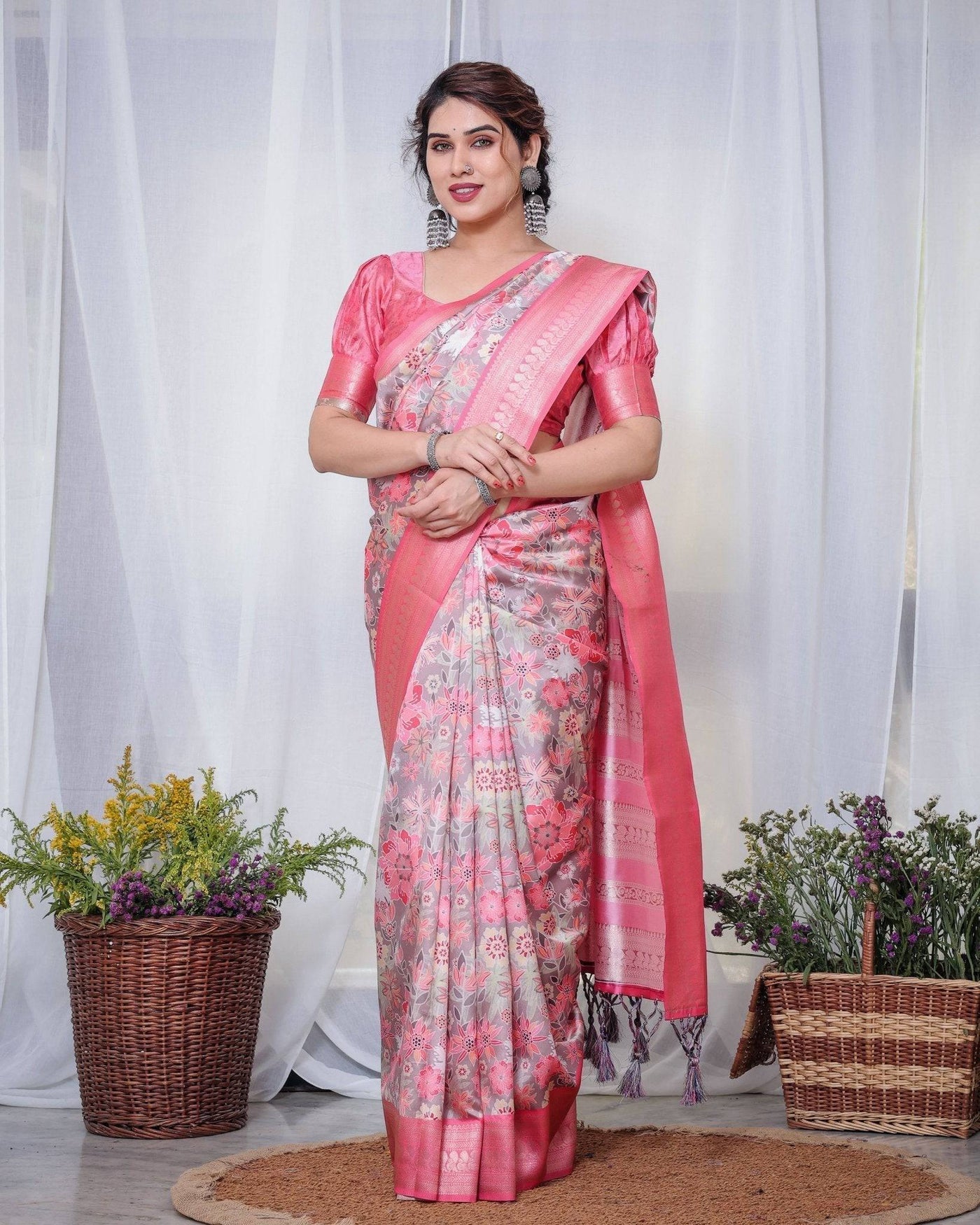 Graceful Pink and Silver Banarasi Silk Saree with Vibrant Floral Design, Zari Weaved Border, and Elegant Pallu