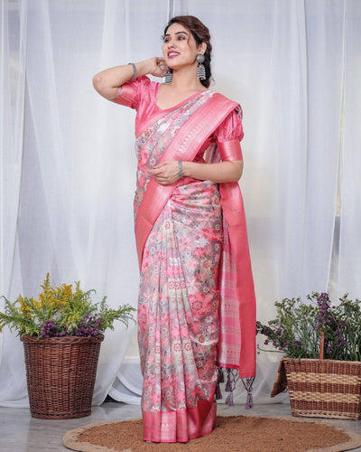 Pure Banarasi Digitally Printed Silk Saree Weaved With Zari Comes With Tassels.