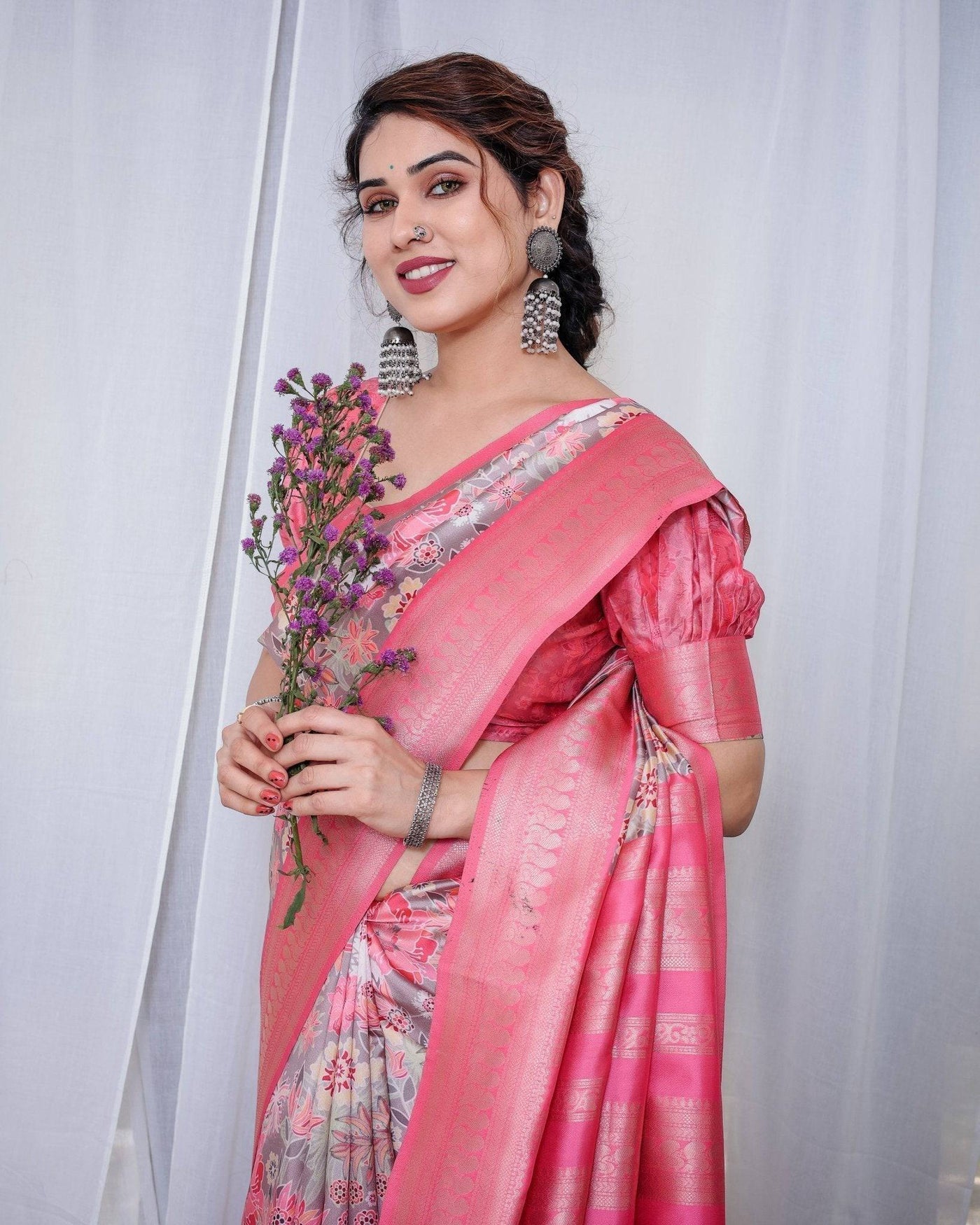 Pure Banarasi Digitally Printed Silk Saree Weaved With Zari Comes With Tassels.