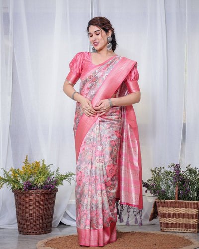 Graceful Pink and Silver Banarasi Silk Saree with Vibrant Floral Design, Zari Weaved Border, and Elegant Pallu