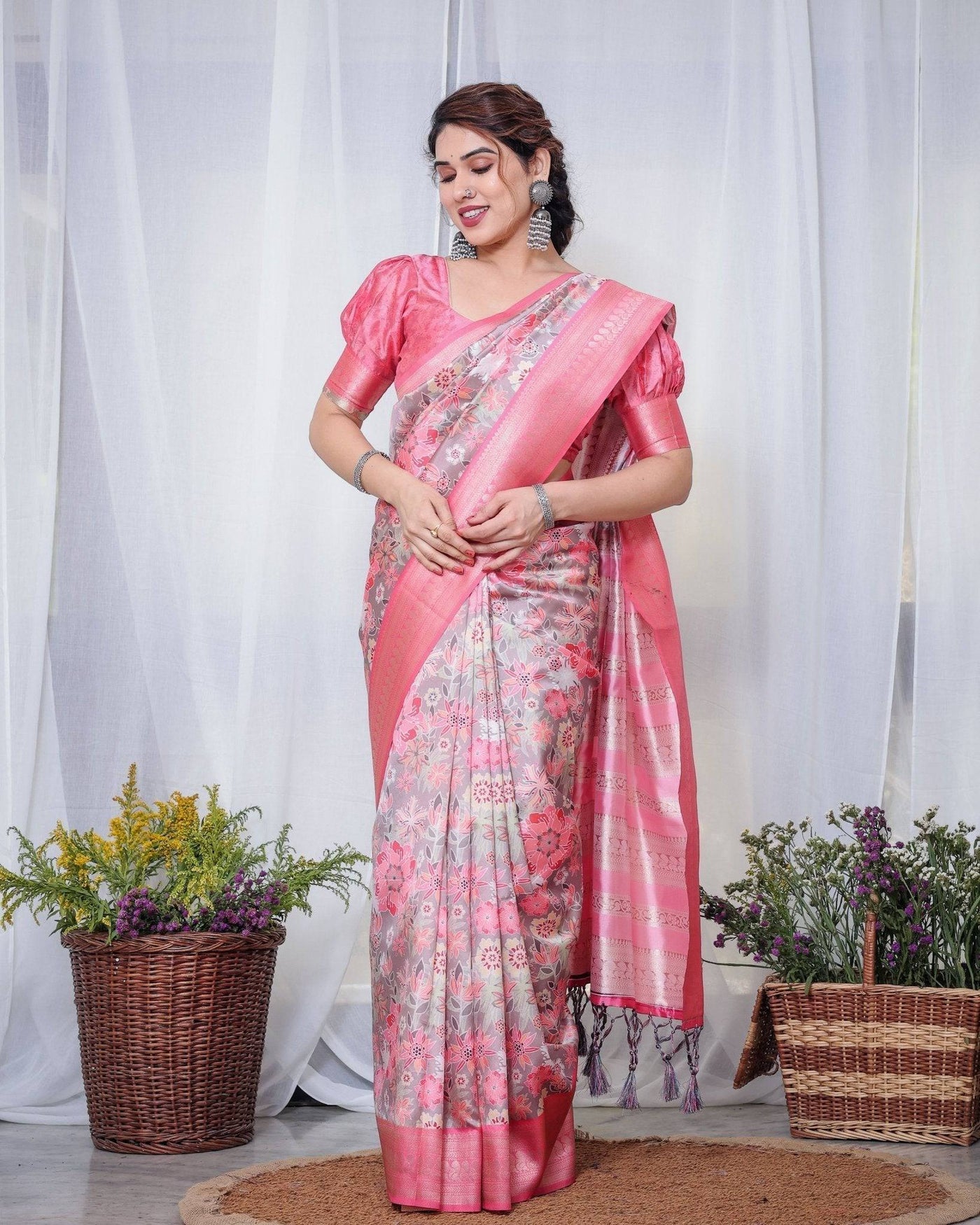 Graceful Pink and Silver Banarasi Silk Saree with Vibrant Floral Design, Zari Weaved Border, and Elegant Pallu