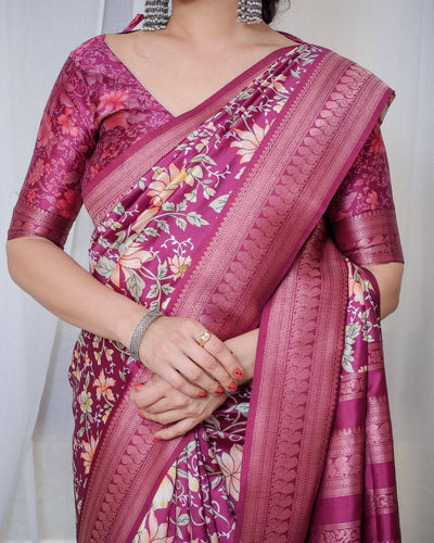 Majestic Maroon Floral Banarasi Silk Saree with Zari Weave and Tassels