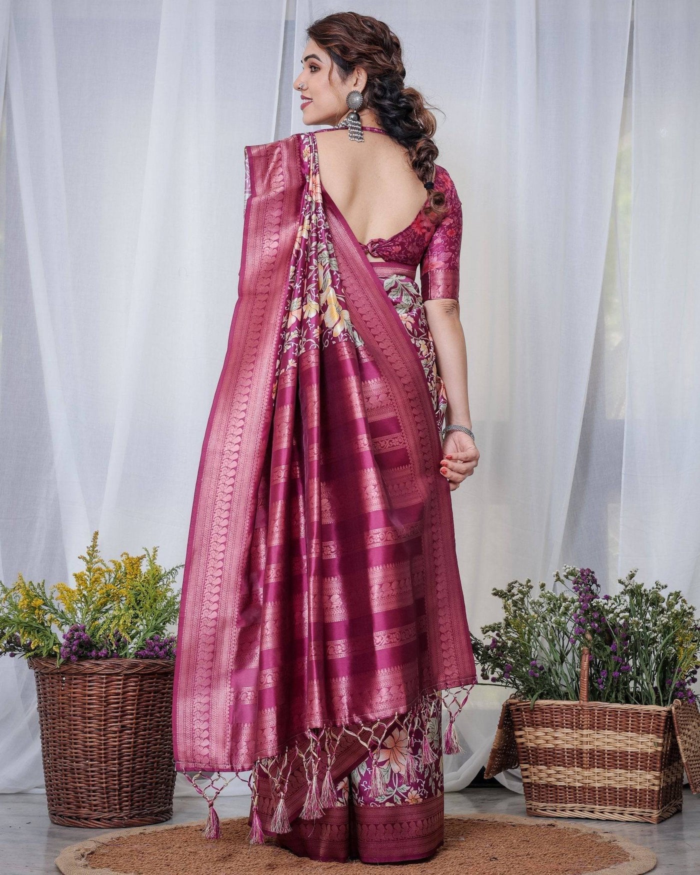 Pure Banarasi Digitally Printed Silk Saree Weaved With Zari Comes With Tassels.