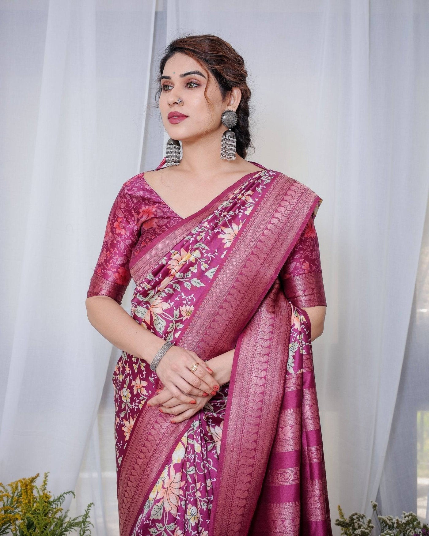 Pure Banarasi Digitally Printed Silk Saree Weaved With Zari Comes With Tassels.