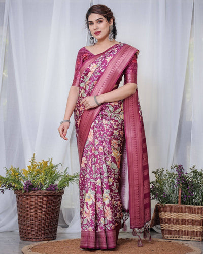 Pure Banarasi Digitally Printed Silk Saree Weaved With Zari Comes With Tassels.