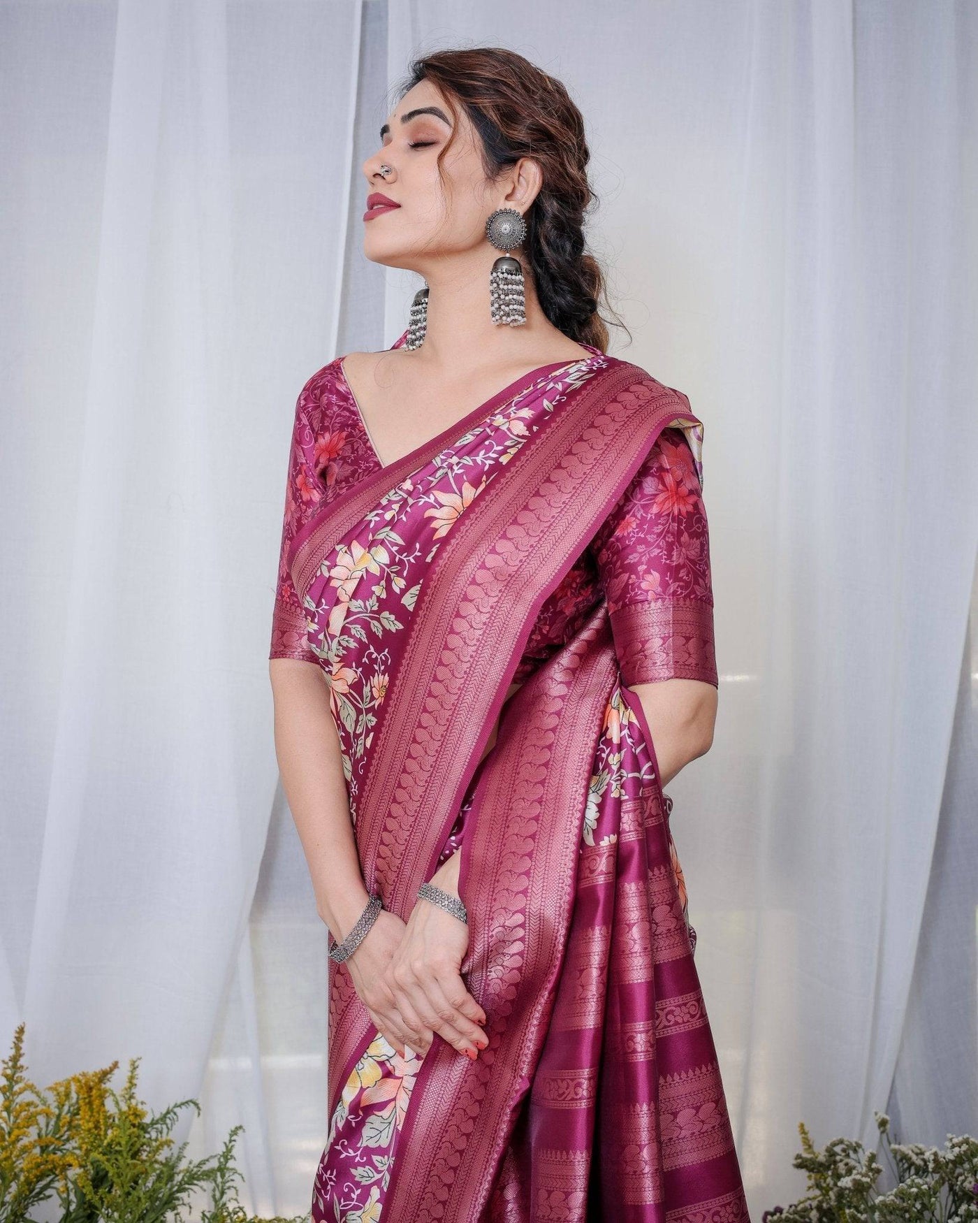 Majestic Maroon Floral Banarasi Silk Saree with Zari Weave and Tassels