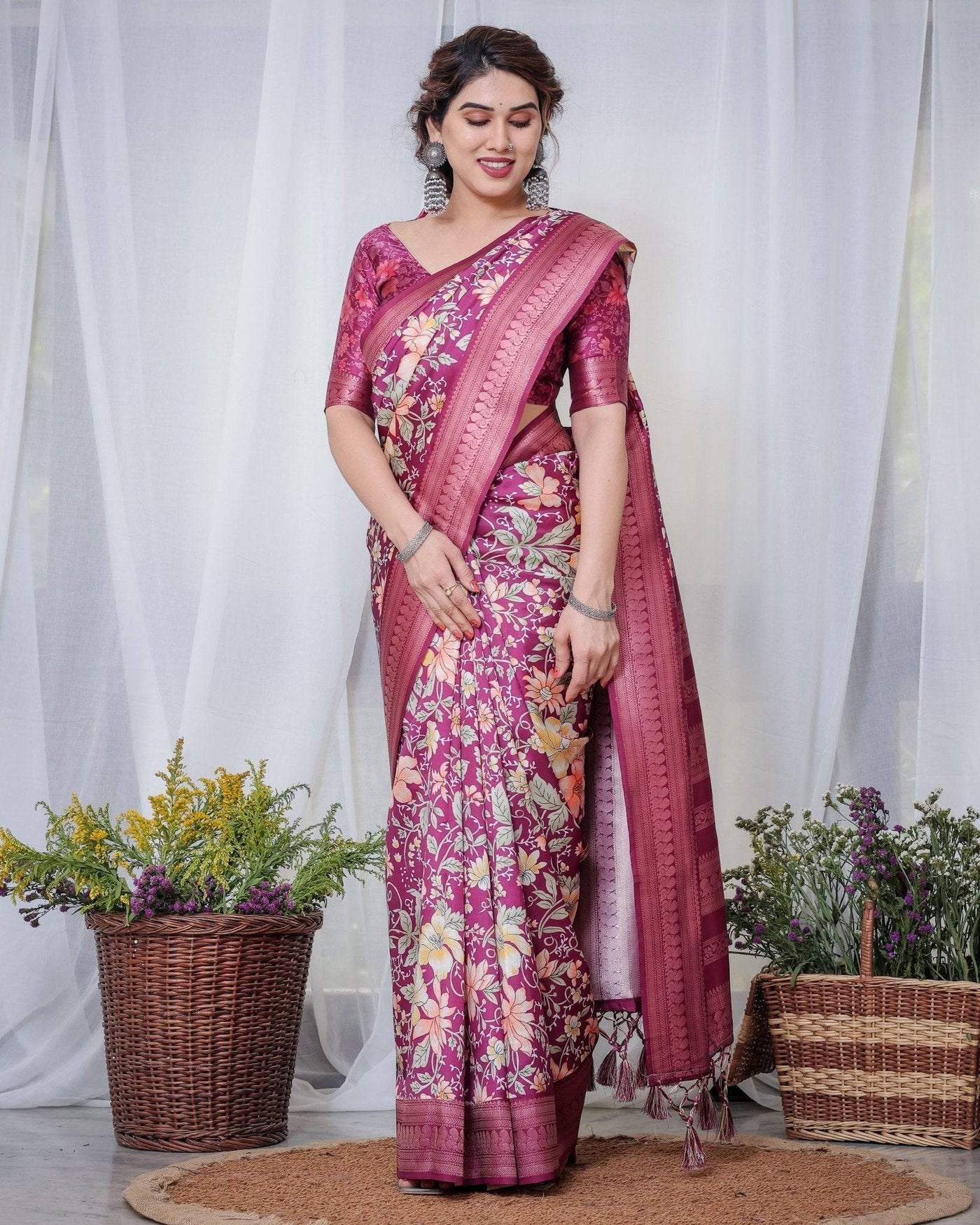 Pure Banarasi Digitally Printed Silk Saree Weaved With Zari Comes With Tassels.