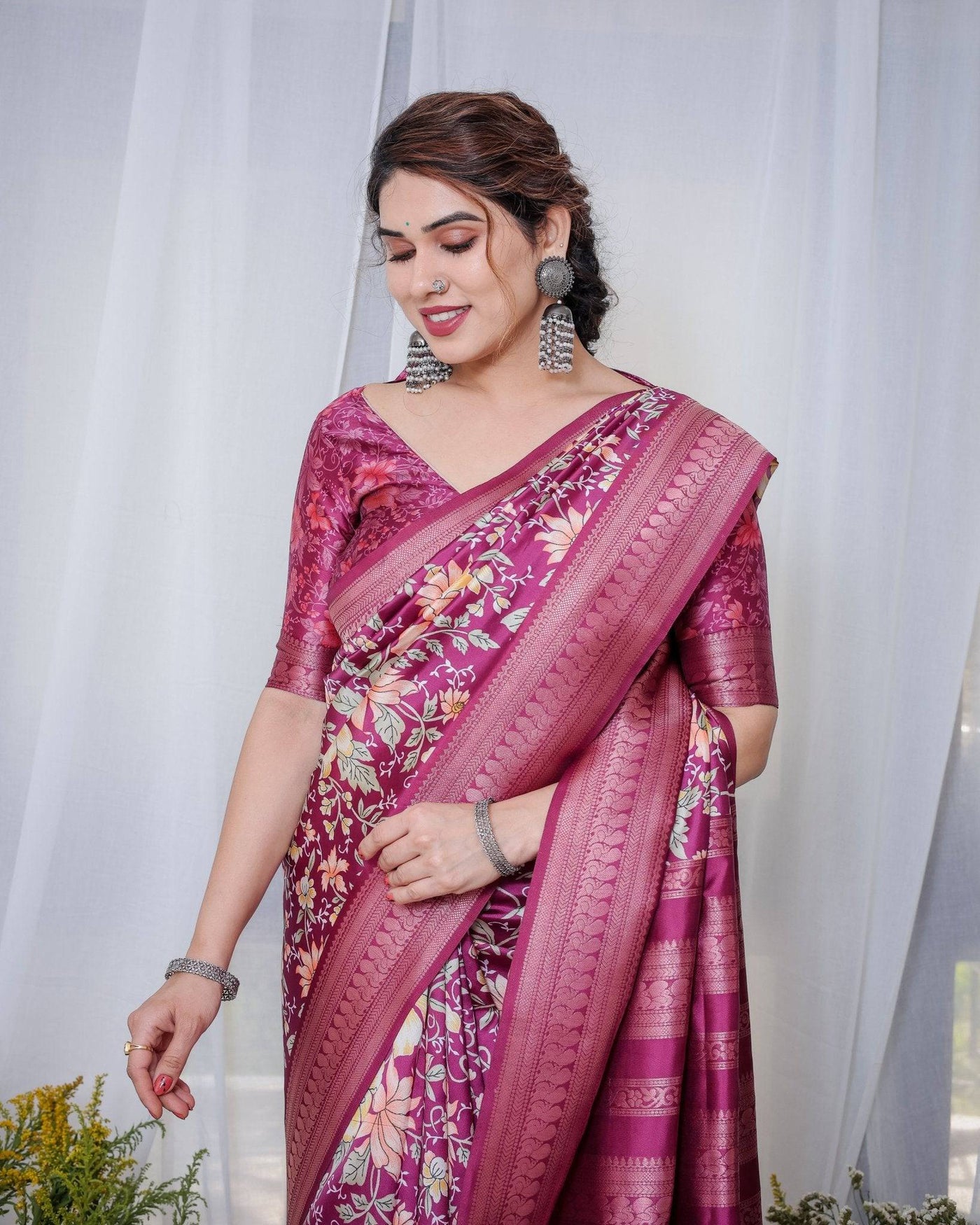 Pure Banarasi Digitally Printed Silk Saree Weaved With Zari Comes With Tassels.