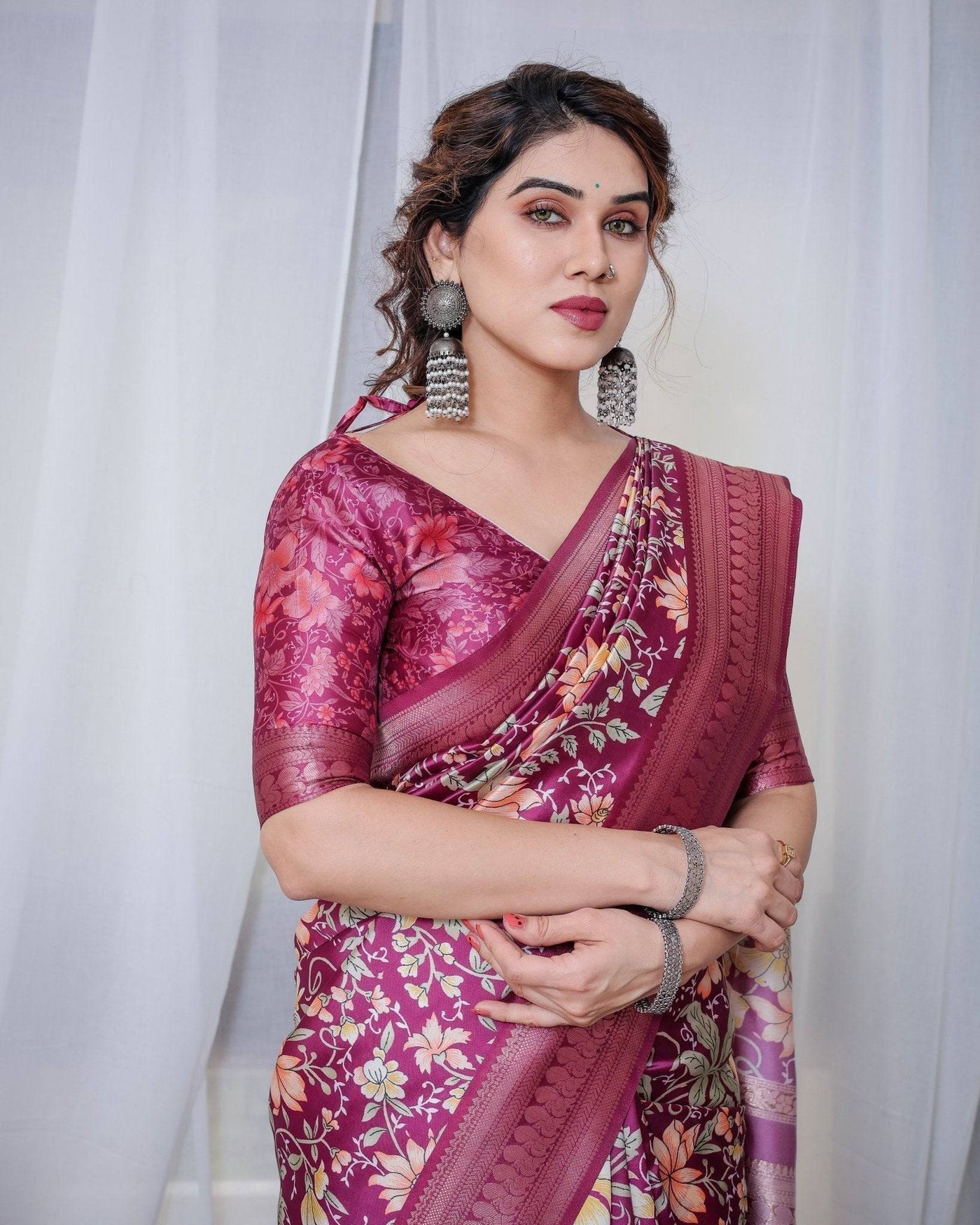 Majestic Maroon Floral Banarasi Silk Saree with Zari Weave and Tassels