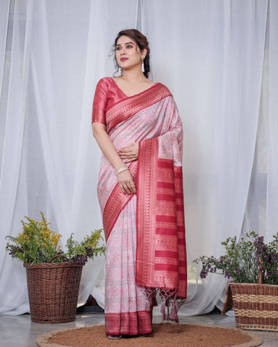 Crimson Red & White Banarasi Silk Saree with Intricate Geometric Motifs