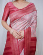 Crimson Red & White Banarasi Silk Saree with Intricate Geometric Motifs